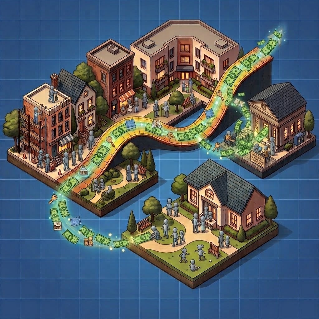 Illustration of investment capital flowing into community redevelopment, housing, and neighborhood growth