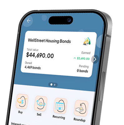 The WellStreet Financial mobile app, showing Buy, Sell, Recurring, and Roundup investing actions alongside a live Housing Bonds portfolio view.